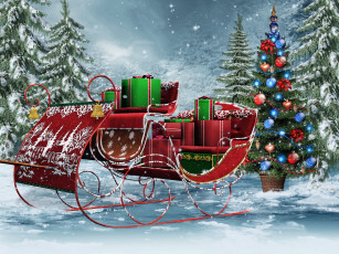 Картинка праздничные 3д+графика+ новый+год сани елка украшения подарки снег