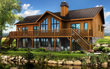 Картинка 3д+графика architecture+ архитектура дом особняк ландшафт водоем трава деревья лесница окна облака