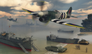 Картинка 3д+графика армия+ military побережье море небо облака полет солдаты корабли самолеты