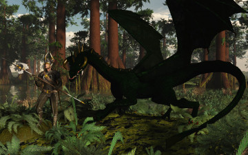 Картинка 3д+графика фантазия+ fantasy лес дракон оружие воин