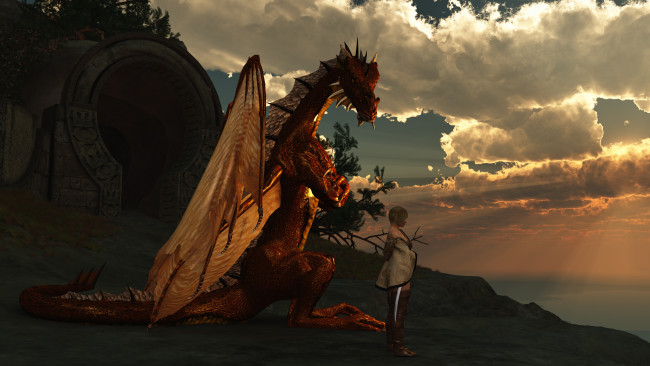 Обои картинки фото 3д графика, фантазия , fantasy, блака, горы, девушка, небо, дракон