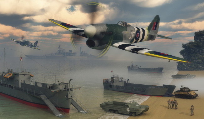 Обои картинки фото 3д графика, армия , military, побережье, море, небо, облака, полет, солдаты, корабли, самолеты