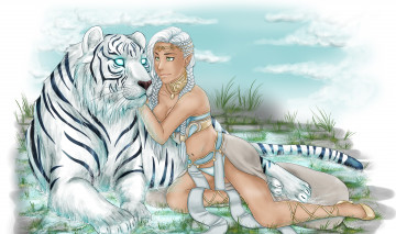 Картинка рисованное люди взгляд эльфийка фон тигр