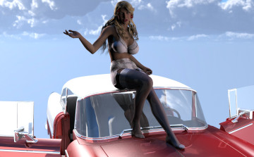 обоя автомобили, 3d car&girl, автомобиль, фон, взгляд, девушка