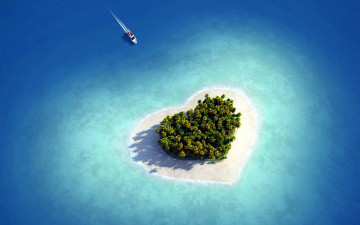 Картинка природа тропики остров сердечко океан катер панорама пальмы