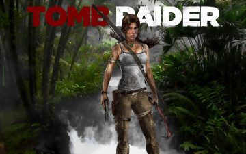 обоя видео игры, tomb raider 2013, девушка, фон, взгляд, лук, ледоруб, пистолет