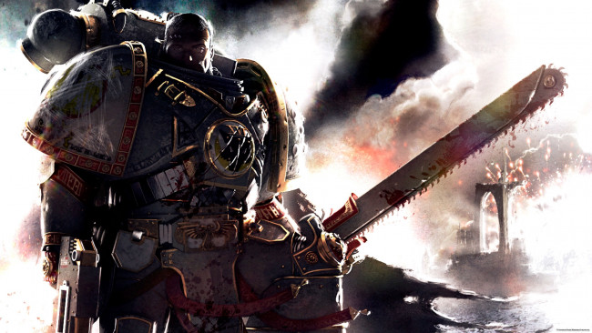 Обои картинки фото видео игры, warhammer 40, 000,  dark millenium online, воин, скафандр, оружие, пила