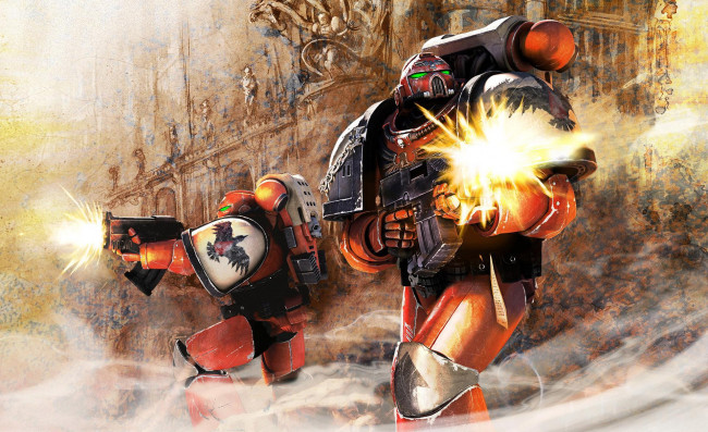 Обои картинки фото видео игры, warhammer 40, 000,  dark millenium online, скафандры, роботы, оружие, дворец, дым