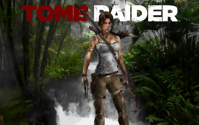 Обои картинки фото видео игры, tomb raider 2013, девушка, фон, взгляд, лук, ледоруб, пистолет
