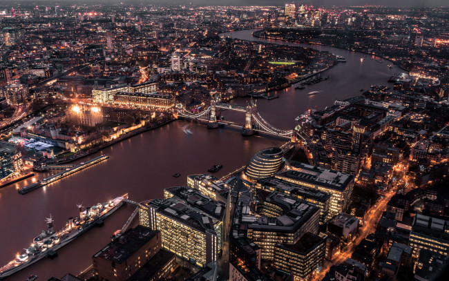 Обои картинки фото города, лондон , великобритания, панорама, огни, река, мост, вечер