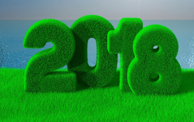 Обои картинки фото праздничные, 3д графика , новый год, море, новый, год, горизонт, зелень, 2018, рождество, трава, цифры, рендеринг