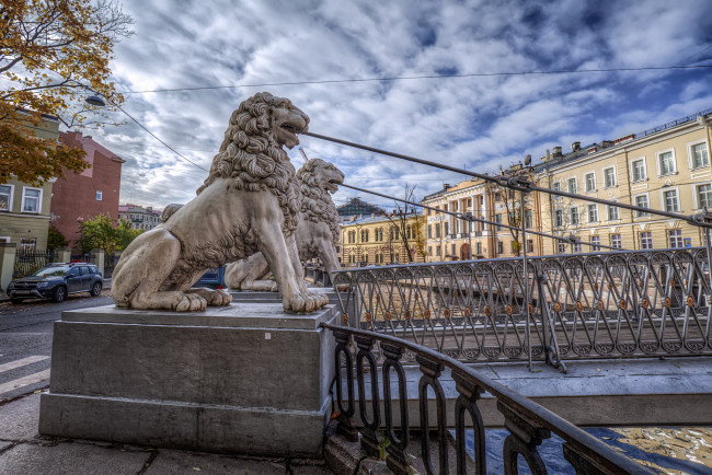 Обои картинки фото bridge of four lions, города, санкт-петербург,  петергоф , россия, мост, река