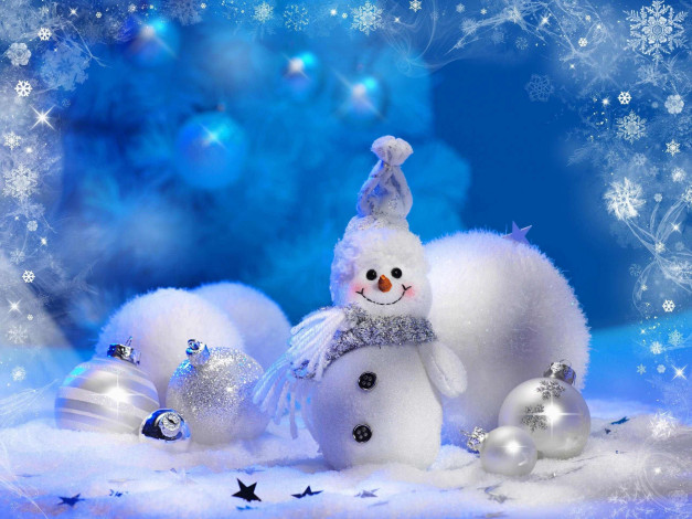 Обои картинки фото праздничные, украшения, звездочки, снег, снежинки, снеговик, шарики