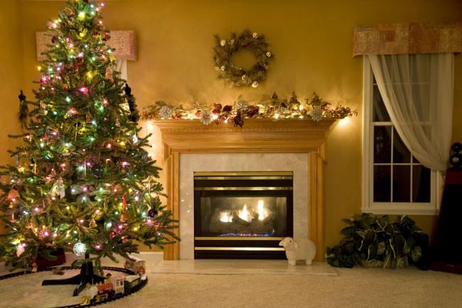 Обои картинки фото праздничные, новогодний очаг, окно, украшения, камин, комната, ёлка
