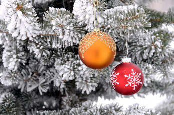 Картинка праздничные шары снег шарики сосна
