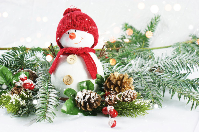 Обои картинки фото праздничные, снеговики, ёлка, ветка, ягоды, шишки, снеговик