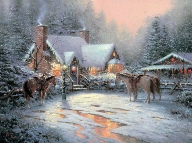 Обои картинки фото рисованное, thomas kinkade, дом, снег, лошади, деревья