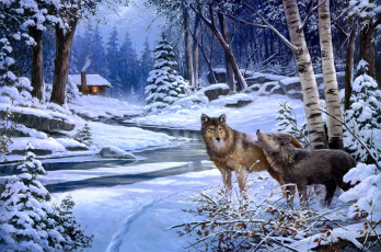 обоя return, to, cabin, creek, рисованные, george, kovach, волки, хижина, зима