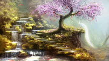 Картинка рисованные природа арт рисунок каскад водопад птица дерево