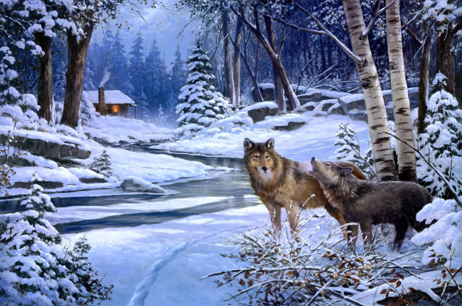 Обои картинки фото return, to, cabin, creek, рисованные, george, kovach, волки, хижина, зима