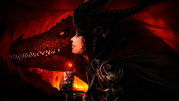 обоя фэнтези, красавицы и чудовища, дракон, рога, девушка, лава, огонь, меч