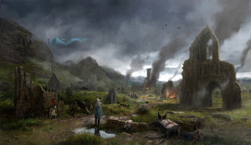 Картинка фэнтези иные+миры +иные+времена средневековье руины пожар разрушения погибшие рыцари лошадь пушка девушка
