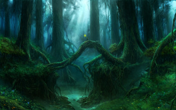 Картинка фэнтези пейзажи иной мир гигантский лес ручей корни сумерки