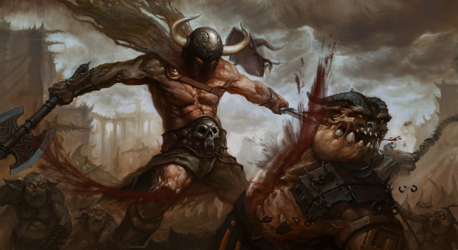 Обои картинки фото фэнтези, существа, шлем, меч, топор, орки, монстры, битва, воин
