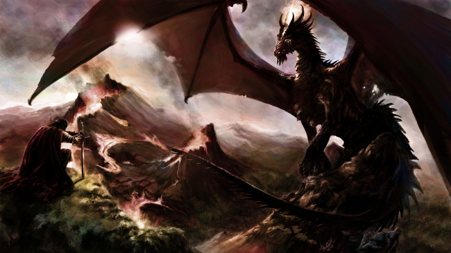 Обои картинки фото фэнтези, драконы, скалы, горы, лава, мужчина, дракон