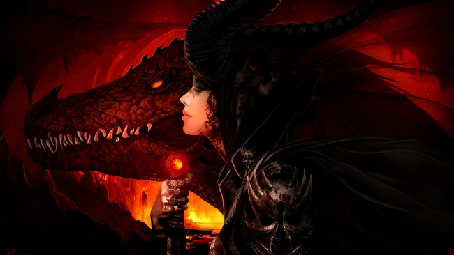 Обои картинки фото фэнтези, красавицы и чудовища, дракон, рога, девушка, лава, огонь, меч