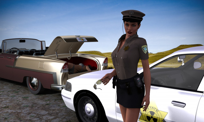 Обои картинки фото 3д графика, fantasy , фантазия, полиция, автомобиль, девушка