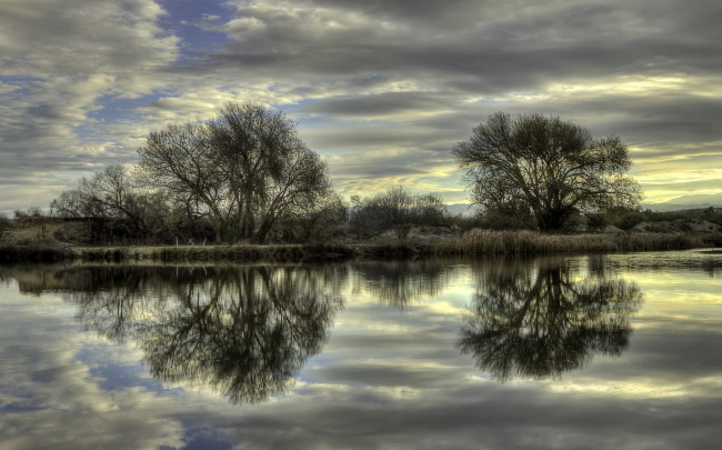 Обои картинки фото природа, реки, озера, тучи, отражение, река, трава, деревья