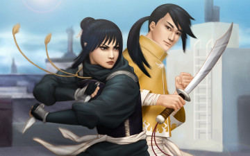 Картинка фэнтези люди парень девушка меч ножи ниндзя