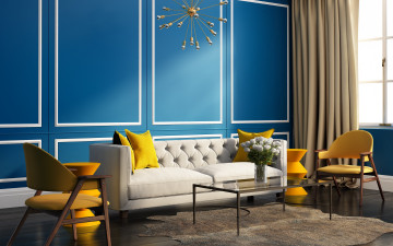 Картинка интерьер гостиная комната стулья подушки окно сочные цвета диван