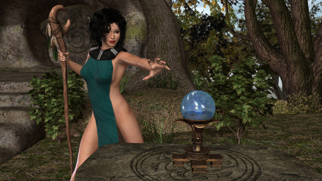 Обои картинки фото 3д графика, фантазия , fantasy, девушка, взгляд, фон, посох, шар, деревья