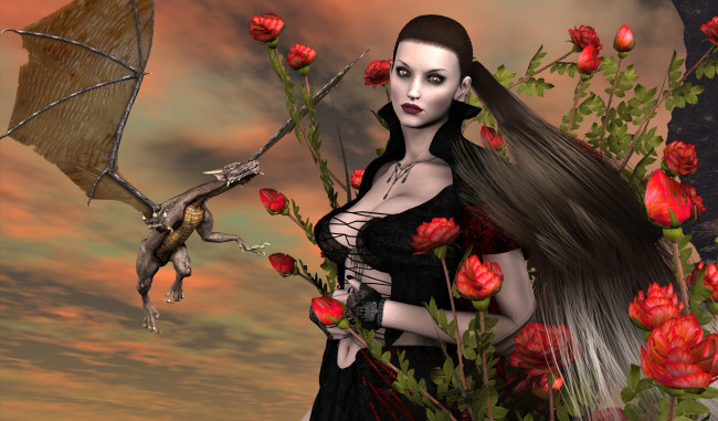 Обои картинки фото 3д графика, фантазия , fantasy, девушка, взгляд, фон, волосы, дракон, цветы, небо
