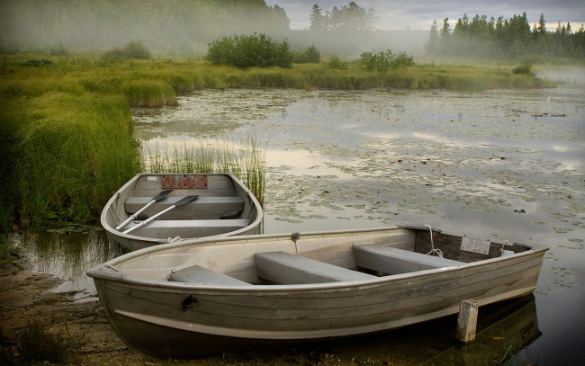 Обои картинки фото корабли, лодки,  шлюпки, туман, утро