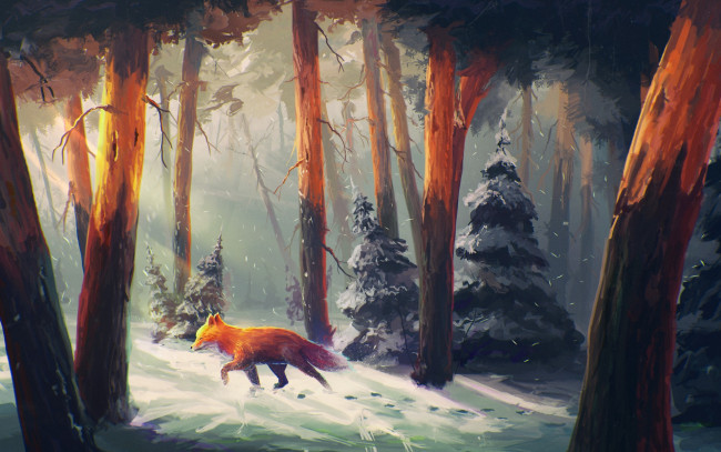 Обои картинки фото рисованное, животные,  лисы, лиса, лес, снег, деревья, зима, елка, следы