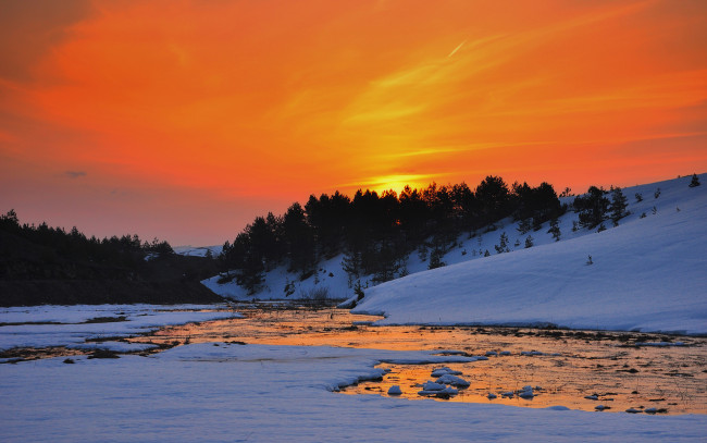 Обои картинки фото природа, восходы, закаты, река, снег, лес