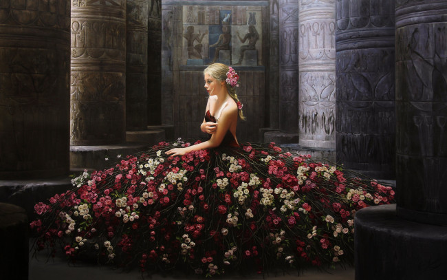 Обои картинки фото рисованное, люди, колонны, розы, цветы, платье, девушка, живопись, поза, сидит, модель