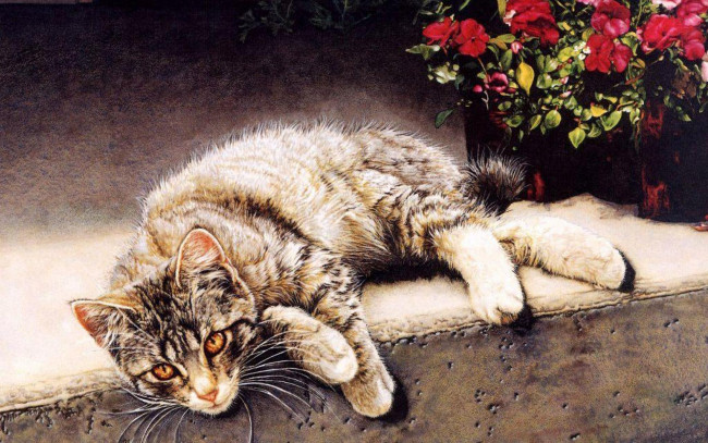 Обои картинки фото рисованное, животные,  коты, отдых, кошка, кот, цветы, ступени