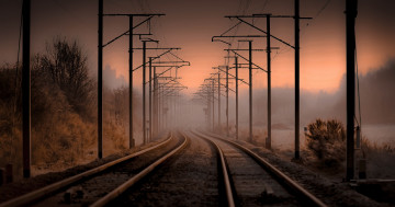 Картинка разное транспортные+средства+и+магистрали железная дорога туман ночь