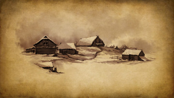 обоя зима в деревне, рисованное, - другое, зима, деревня, изба