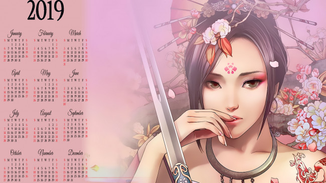 Обои картинки фото календари, фэнтези, цветы, девушка, лицо, оружие