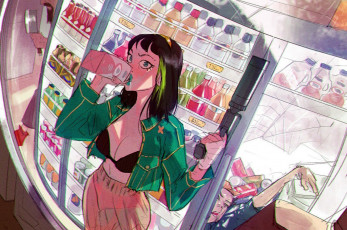 Картинка рисованное люди холодильник напитки молоко девушка труп оружие магазин