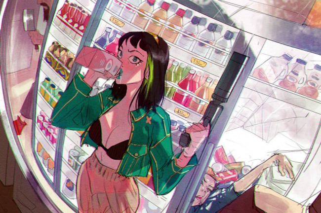 Обои картинки фото рисованное, люди, холодильник, напитки, молоко, девушка, труп, оружие, магазин