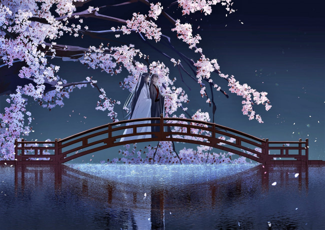Обои картинки фото аниме, mo dao zu shi, вэй, усянь, лань, ванцзи, мост, цветение