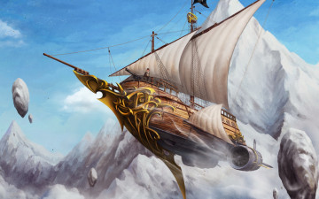 Картинка фэнтези иные миры времена парусник фрегат летучий корабль