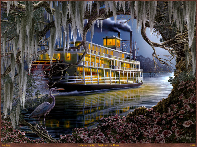Обои картинки фото roberta, wesley, night, on, the, river, рисованные, арт, река, пароход, цапля