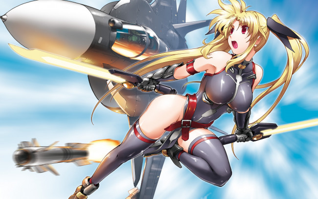 Обои картинки фото аниме, mahou, shoujo, lyrical, nanoha, мечи, блондинка, ракета, истребитель, летит, девочка, оружие